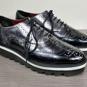 Baciami 9630 Platform Wingtip Oxford Black & Silver Leather Womens Size 10